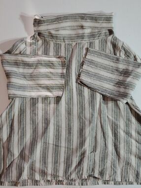 Bryn Walker Med Linen Striped Cowl Neck Top in Cream Gray & Blue